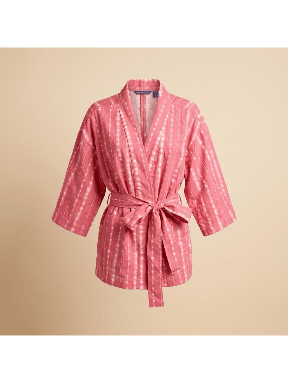 Isaac Mizrahi Live Linen Blend Pink Tie Dye Batik Belt Shibori Kimono Top Sz Med